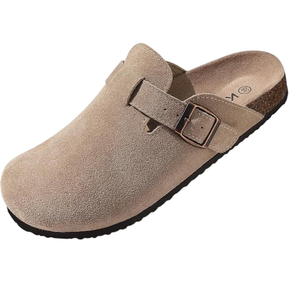 Kidmi Womens 7.5 Beige Suede Clogs Open Round Toe Adjustable Strap Slip On Shoes